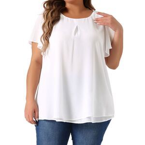 Plus Size Chiffon Blouse Ruffle Sleeve Double-Layered Shirt Work Tops White